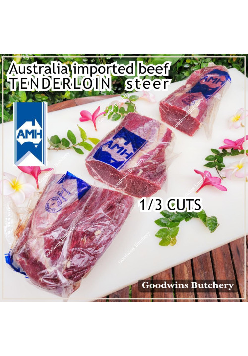 Beef Tenderloin Australia STEER young-cattle aged by producer frozen 1/3 roast wellington cuts price/pc 800gr (eye fillet mignon daging sapi has dalam) brand AMH
